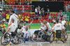 Jugadores de la seleccin espaola de baloncesto festejan la victoria sobre Gran Bretaa (69-63) que supone el pasaporte a la final de los Juegos Paralmpicos