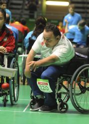 Manuel Martn, durante la partida de Espaa contra Hong Kong (2-6), de la fase preliminar del torneo de boccia, categora BC1-BC2