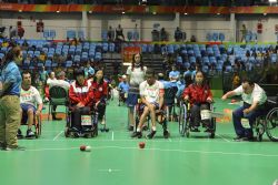 El equipo espaol de boccia (categora BC1-BC2), durante su partido de la fase previa frente a Hong Kong.