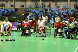 Momento de la partida entre Espaa y Hong Kong (2-6) de la fase preliminar de boccia categora BC1-BC2