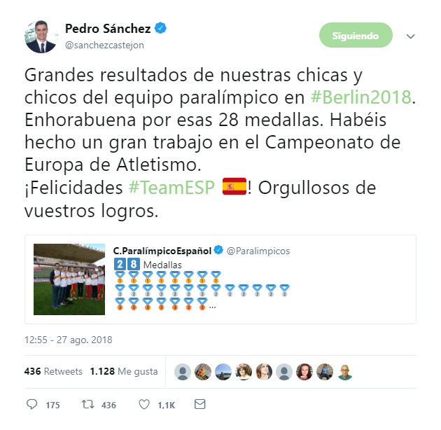 Pedro Sánchez felicita al equipo español de atletismo paralímpico
