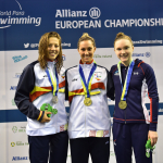 Sarai Gascón (oro) y Nuria Marqués (plata) posan en el podio de los 100 libres S9 del Europeo de Dublín