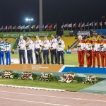 Relevo 4x100 T11-T13, en el podio con el bronce del Mundial de Atletismo Doha 2015: Martin Parejo y Tim Stewart, Diego Sancho, Gerard Descarrega y Marcos Blanquiño y Joan Munar.