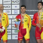 Podio del equipo de velocidad (Amador Granados, Eduardo Santas, Alfonso Cabello), con el bronce en el Mundial de pista Montichiari 2016.