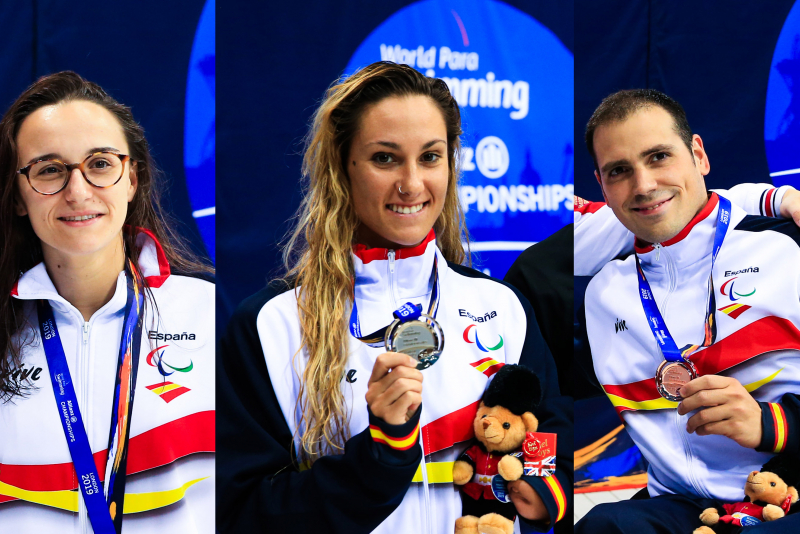María Delgado, Sarai Gascón y Toni Ponce con sus medallas en el Mundial de Londres 2019