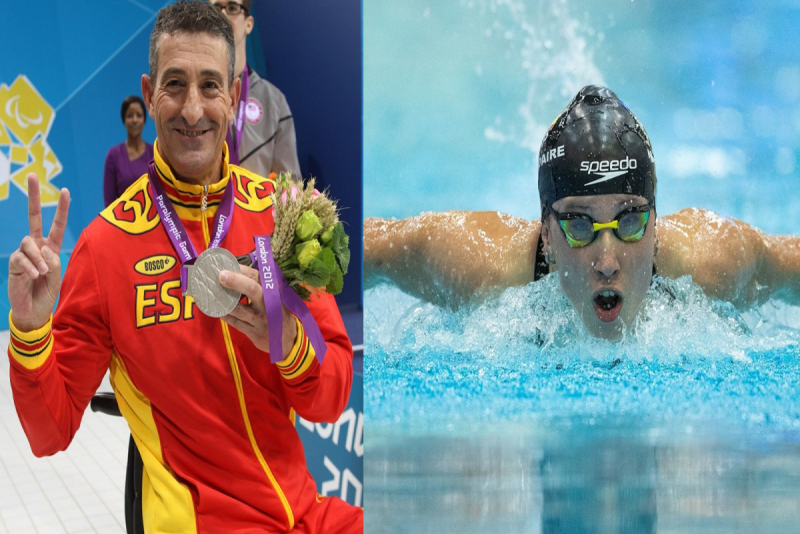 Sebastián Rodríguez enseña una medalla y Nahia Zudaire nadando