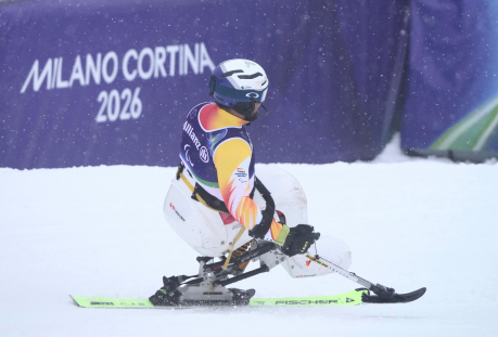 Javier Marcos en la 1ª manga del slalom, Milán Cortina 2026