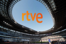 Vista del estadio olímpico de Tokio con el logotipo de Rtve
